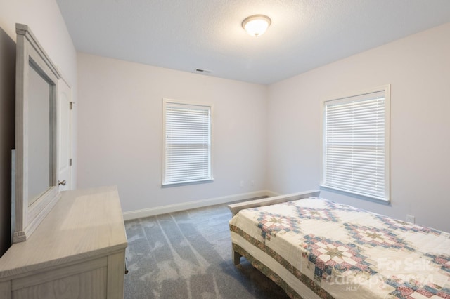 bedroom with dark colored carpet, a textured ceiling, and multiple windows