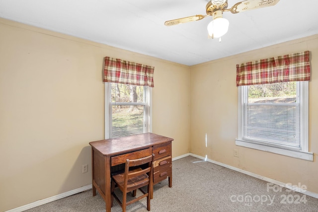 carpeted office featuring ceiling fan and a healthy amount of sunlight