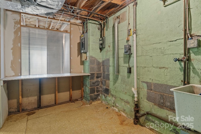 unfinished basement featuring electric panel and a sink