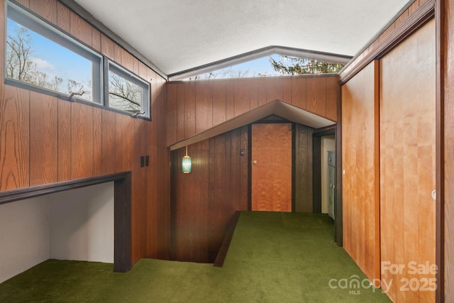 interior space with wooden walls, carpet flooring, and vaulted ceiling