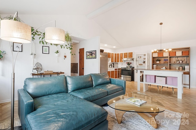 living room featuring lofted ceiling with beams, an inviting chandelier, and light parquet flooring