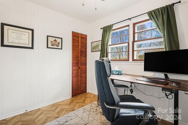 home office featuring light parquet floors