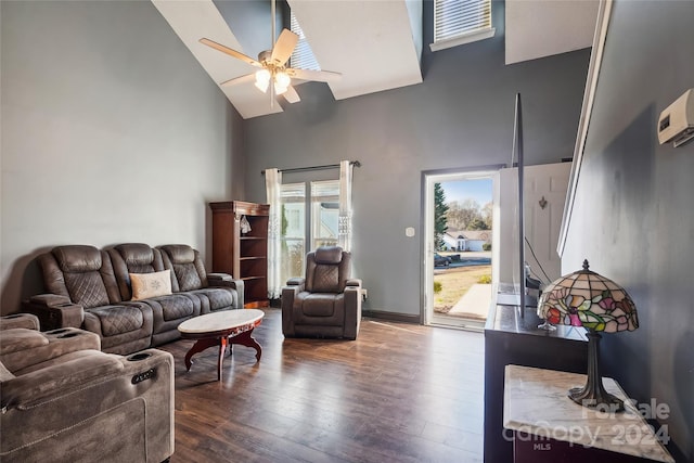 living room featuring high vaulted ceiling, ceiling fan, and dark wood-type flooring