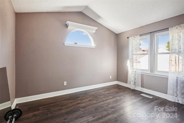 empty room featuring a textured ceiling, dark hardwood / wood-style flooring, a wealth of natural light, and lofted ceiling