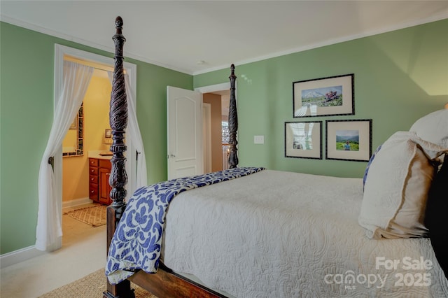 carpeted bedroom featuring baseboards and crown molding