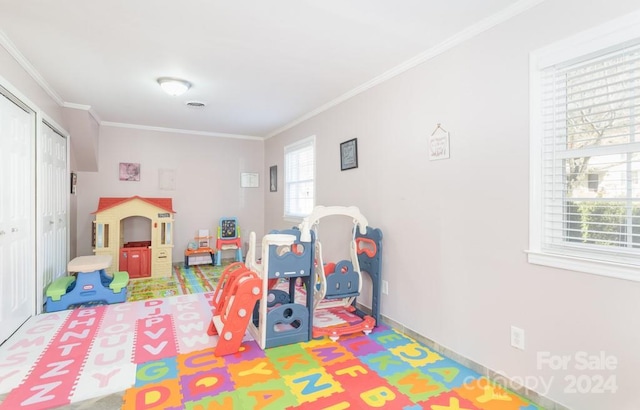 playroom featuring crown molding