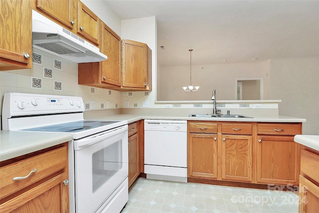 kitchen featuring white appliances, ventilation hood, sink, decorative backsplash, and decorative light fixtures