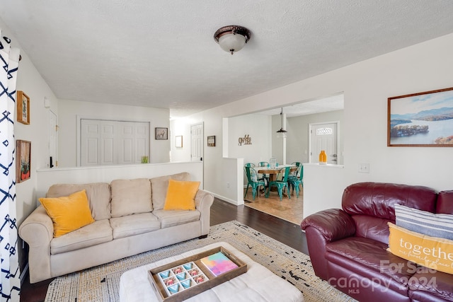 living room with hardwood / wood-style floors and a textured ceiling