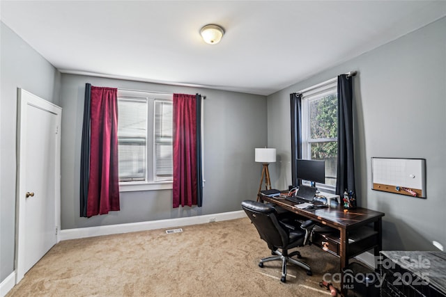 view of carpeted home office