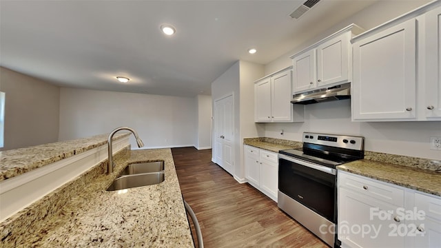 kitchen featuring white cabinetry, stainless steel electric range oven, sink, and dark wood-type flooring