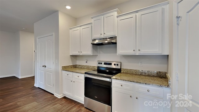 kitchen with white cabinetry, dark hardwood / wood-style flooring, electric stove, and dark stone counters