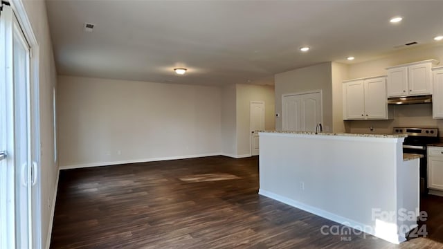 kitchen with dark hardwood / wood-style flooring, white cabinetry, a center island with sink, and light stone counters