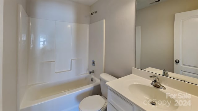 full bathroom with shower / bathing tub combination, vanity, and toilet