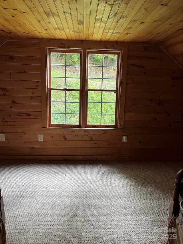 bonus room featuring carpet floors, wooden walls, and wood ceiling