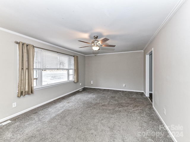 carpeted empty room with ceiling fan and crown molding