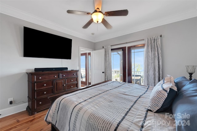 bedroom featuring ceiling fan, light hardwood / wood-style floors, ornamental molding, and access to outside