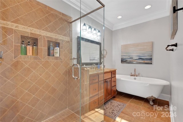 bathroom featuring tile patterned flooring, vanity, ornamental molding, and shower with separate bathtub