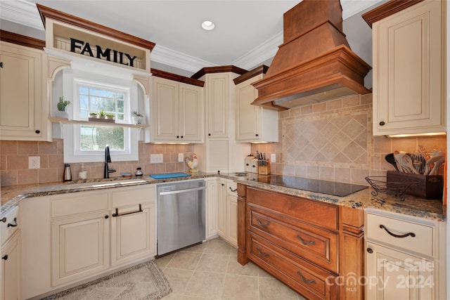 kitchen featuring custom exhaust hood, black electric stovetop, sink, stainless steel dishwasher, and ornamental molding