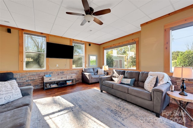 living room featuring a drop ceiling, hardwood / wood-style flooring, and ceiling fan