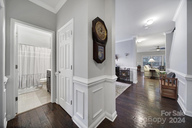 hallway with dark hardwood / wood-style flooring and ornamental molding