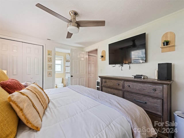 bedroom featuring ceiling fan, connected bathroom, and a closet