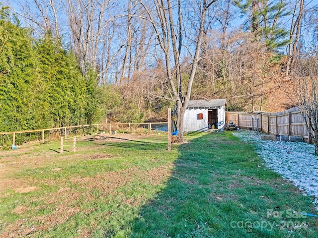 view of yard featuring a storage unit