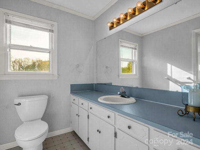 bathroom with vanity, toilet, and crown molding