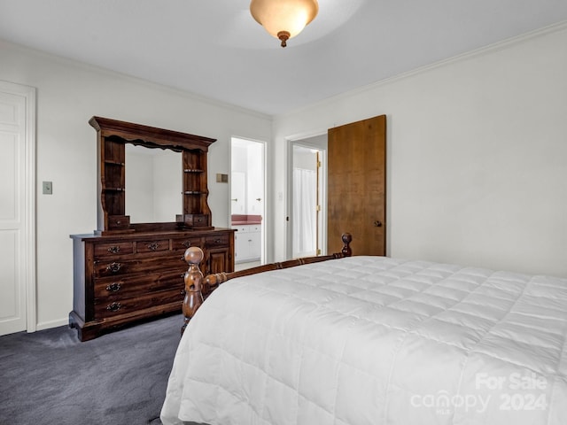 carpeted bedroom with crown molding