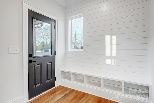 mudroom with hardwood / wood-style flooring