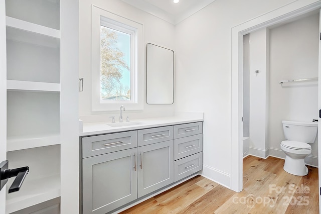 bathroom with hardwood / wood-style floors, vanity, toilet, and ornamental molding