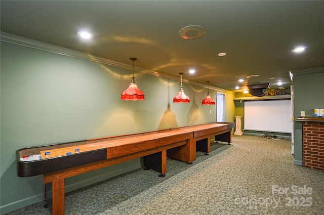 game room featuring carpet and ornamental molding