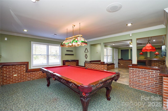 playroom with ceiling fan, brick wall, crown molding, and pool table