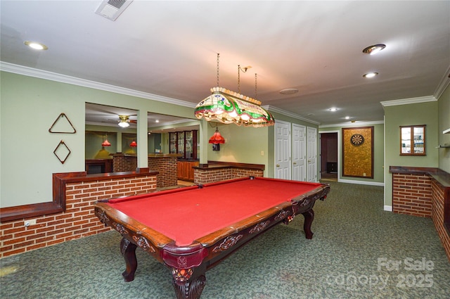 game room with crown molding, dark colored carpet, pool table, and brick wall