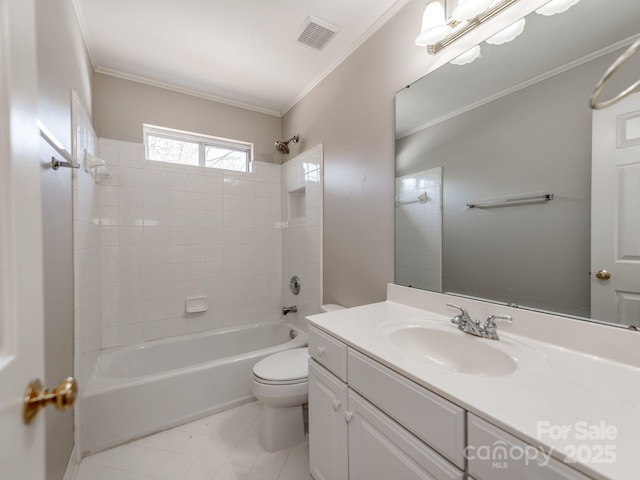 full bathroom with crown molding, toilet, washtub / shower combination, and vanity