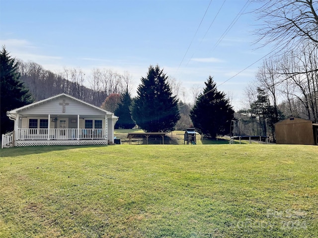 view of yard featuring a storage shed, covered porch, and a trampoline