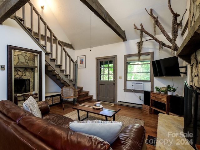 living room with lofted ceiling with beams, wood-type flooring, a fireplace, and a baseboard radiator