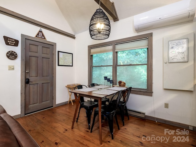 dining area featuring vaulted ceiling, a wall mounted AC, wood-type flooring, a baseboard radiator, and a chandelier