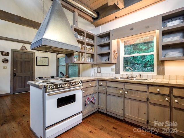 kitchen featuring custom exhaust hood, sink, tile countertops, white stove, and dark hardwood / wood-style floors