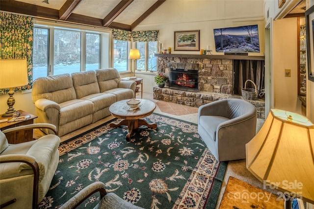 300 Glenwood Ln Unit K-38, Sugar Mountain, NC 28604 - living room with a stone fireplace, healthy amount of natural light, and tile patterned flooring