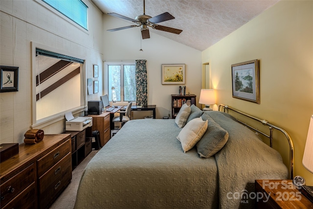 300 Glenwood Ln Unit K-38, Sugar Mountain, NC 28604 - bedroom with carpet flooring, an office area, a textured ceiling, high vaulted ceiling, and a ceiling fan