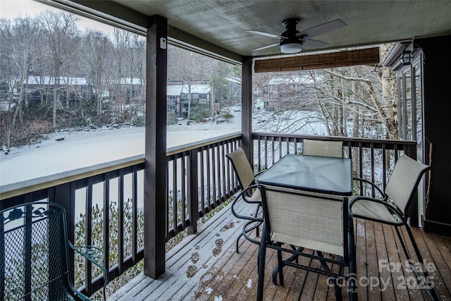 300 Glenwood Ln Unit K-38, Sugar Mountain, NC 28604 - snow covered deck featuring a ceiling fan and outdoor dining area