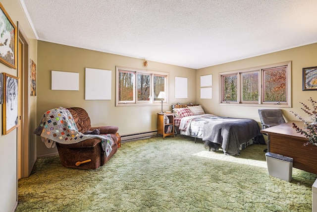 carpeted bedroom with a textured ceiling and a baseboard heating unit