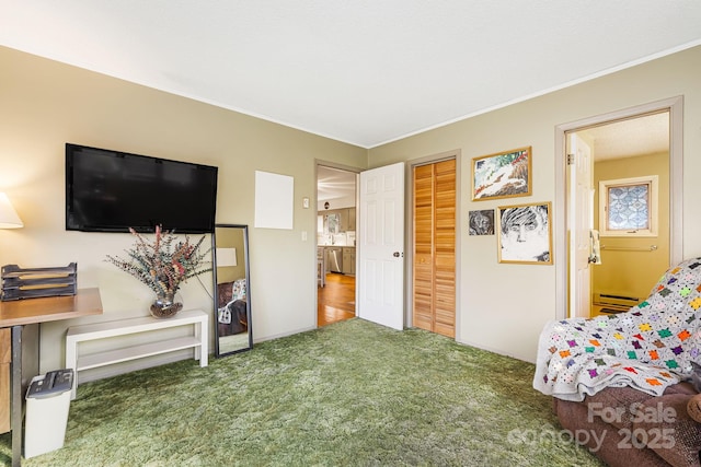 sitting room featuring carpet floors and a baseboard heating unit