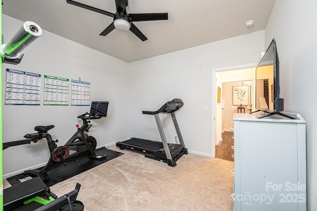 workout area with carpet floors, a ceiling fan, and baseboards