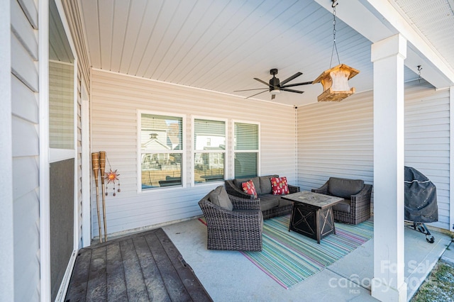 wooden deck featuring ceiling fan, outdoor lounge area, and area for grilling