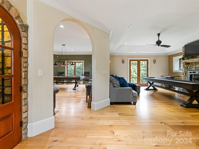 interior space featuring ceiling fan, a healthy amount of sunlight, pool table, and light hardwood / wood-style flooring