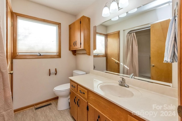 bathroom with vanity, curtained shower, and toilet