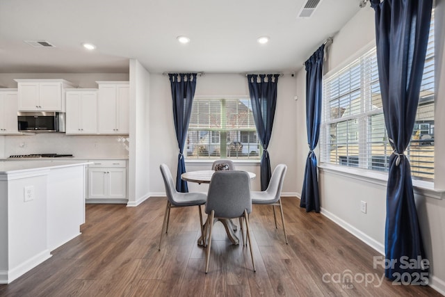 dining room featuring a healthy amount of sunlight and dark wood-type flooring