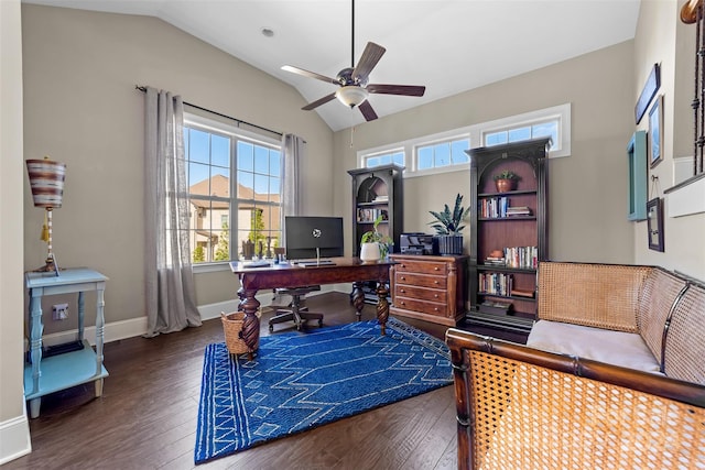 office area featuring ceiling fan, dark wood-type flooring, and vaulted ceiling