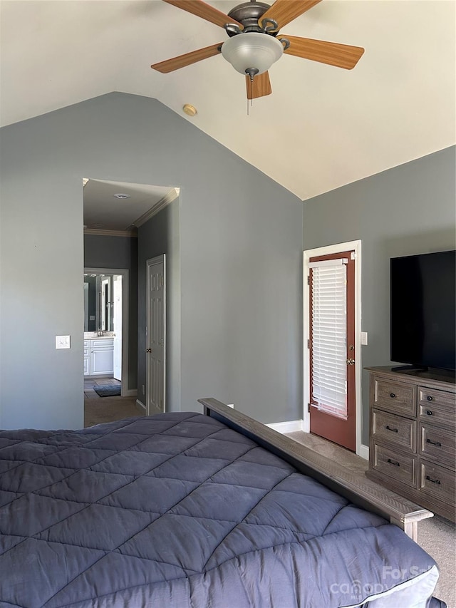 unfurnished bedroom with carpet flooring, crown molding, ceiling fan, and lofted ceiling